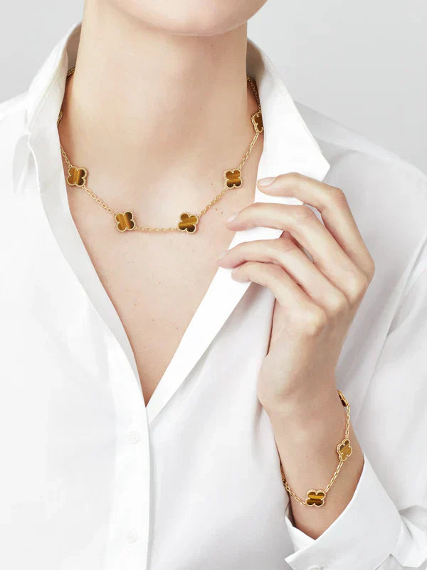 FLORAL CLOVER NECKLACE 10 MOTIFS - TIGER EYE